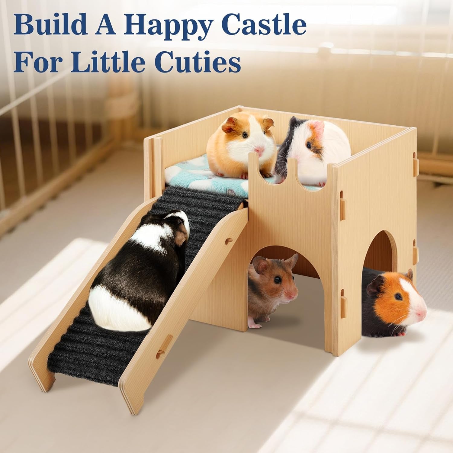 Guinea Pig and Hamster House, 2-In-1 Guinea Pig Hideout with Stairs and Cushion, Sturdy Wooden Hamster Castle Easy to Assemble, Detachable Small Animal House Bed Hut Habitats with Ramps