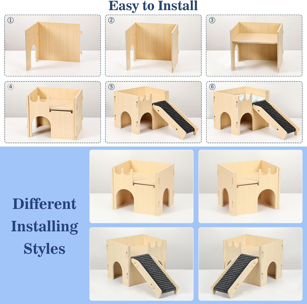 Guinea Pig and Hamster House, 2-In-1 Guinea Pig Hideout with Stairs and Cushion, Sturdy Wooden Hamster Castle Easy to Assemble, Detachable Small Animal House Bed Hut Habitats with Ramps