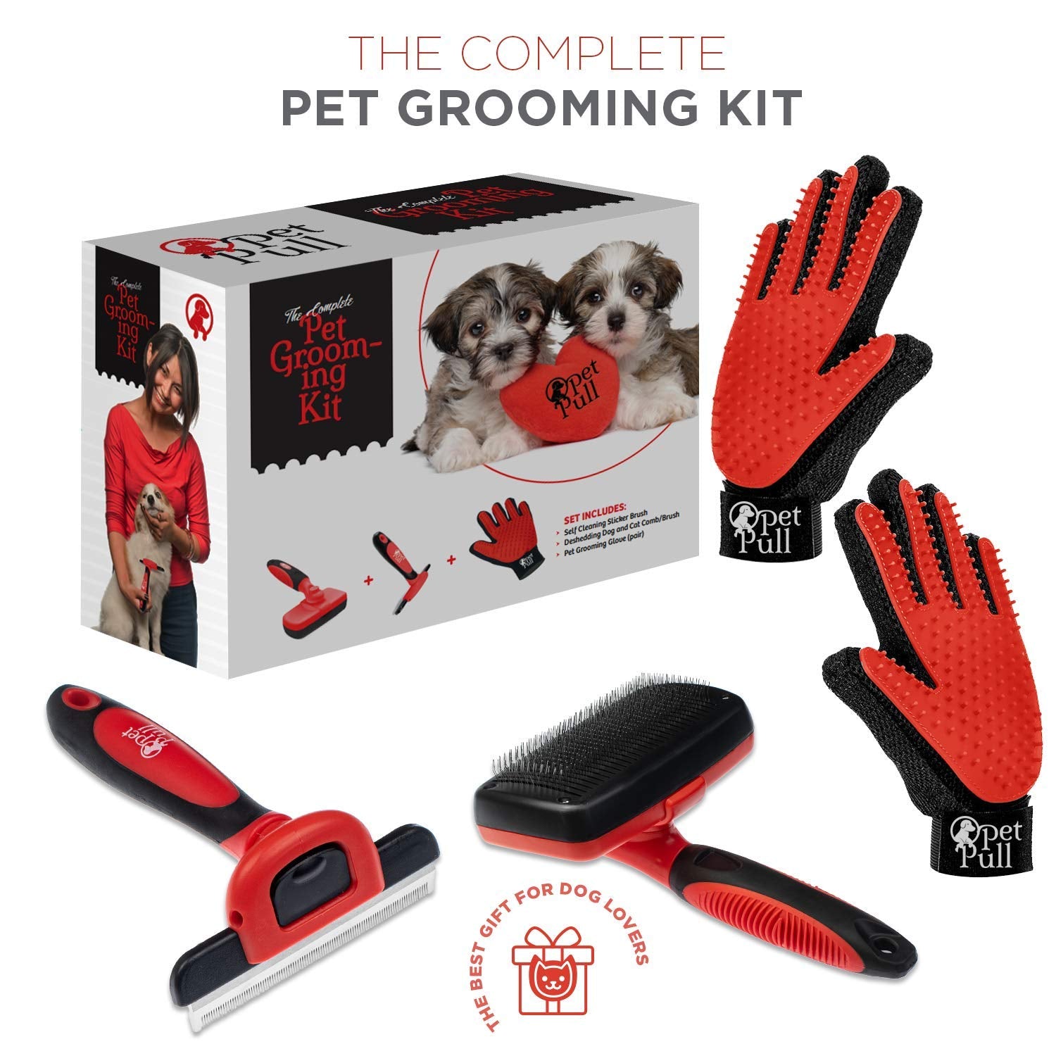 Complete Professional Pet Grooming Kit Self Cleaning Slicker Brush for Dogs & Cats - Pro Grooming Brushes Effectively Reduces Shedding Fur Hair Remover Brush Gloves - Combo Gift Set