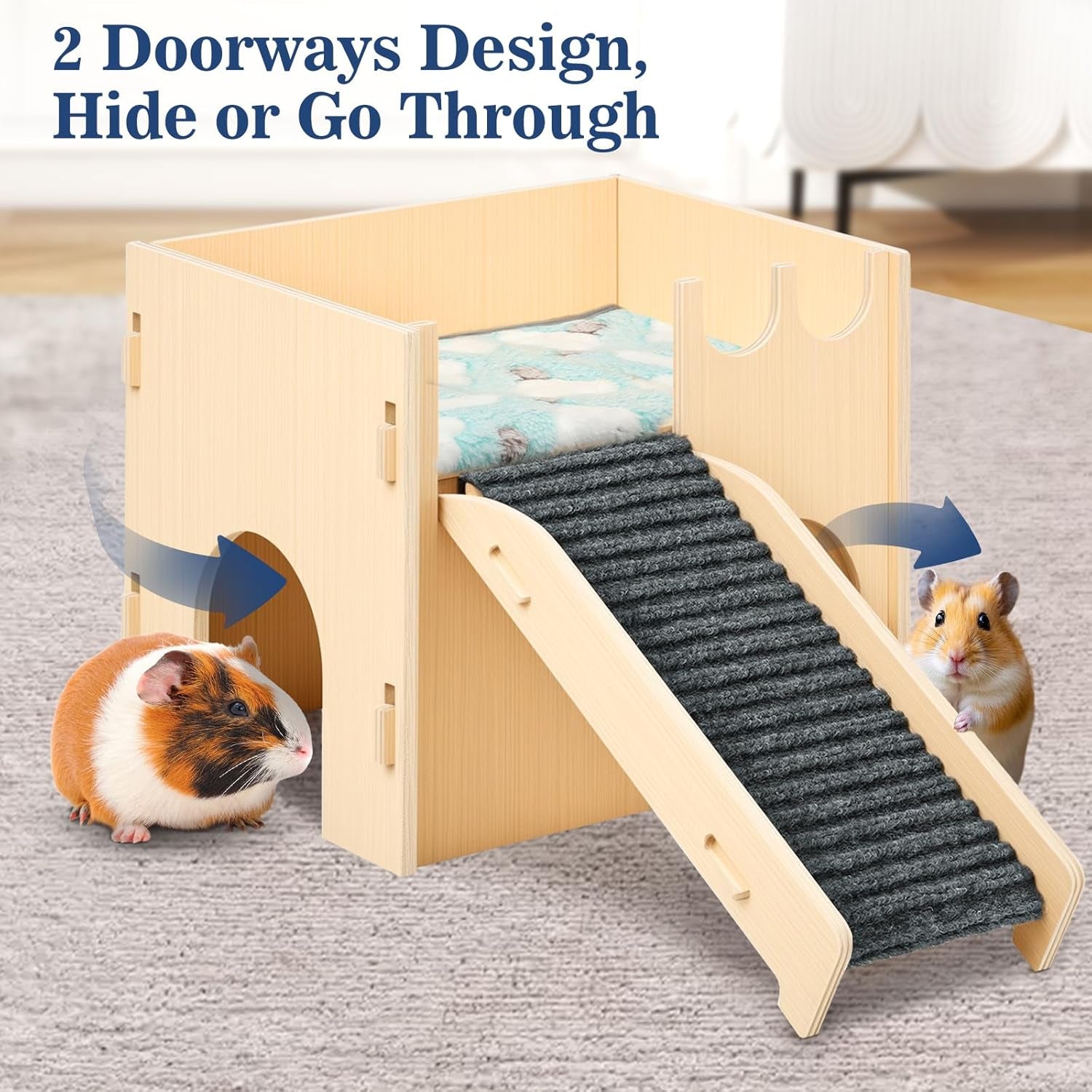 Guinea Pig and Hamster House, 2-In-1 Guinea Pig Hideout with Stairs and Cushion, Sturdy Wooden Hamster Castle Easy to Assemble, Detachable Small Animal House Bed Hut Habitats with Ramps