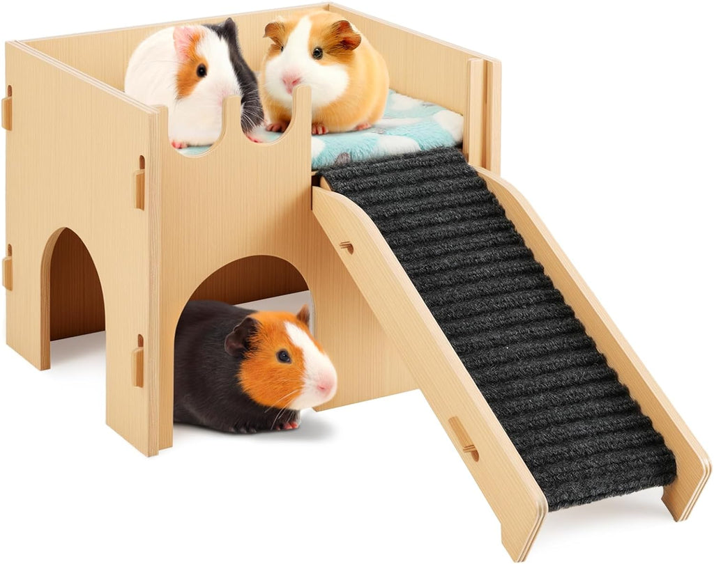 Guinea Pig and Hamster House, 2-In-1 Guinea Pig Hideout with Stairs and Cushion, Sturdy Wooden Hamster Castle Easy to Assemble, Detachable Small Animal House Bed Hut Habitats with Ramps