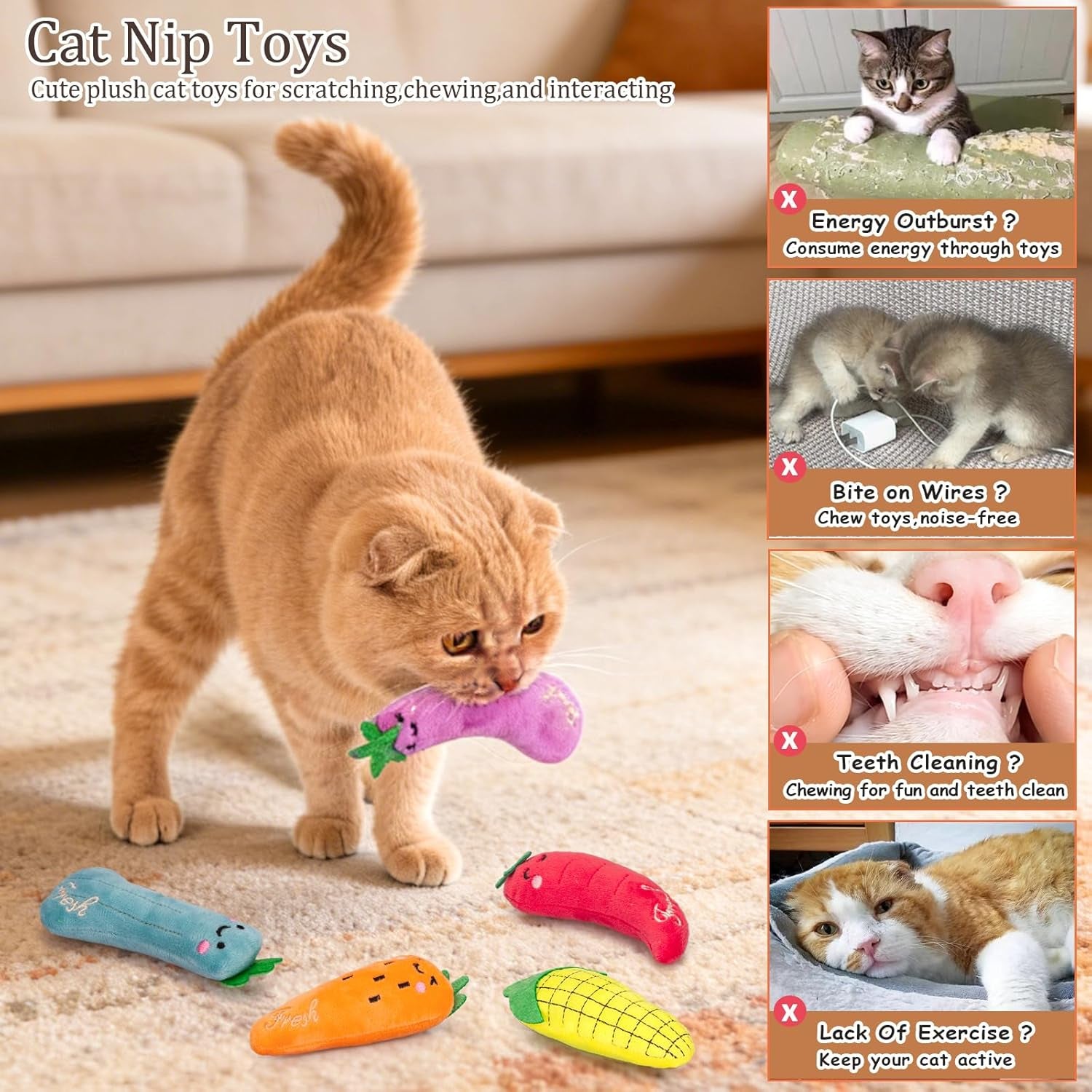 Catnip Cat Toys, Safe Teeth Cleaning Cat Nip Toys for Indoor Kitten Kitty,Interactive Plush Cat Chew Kicker Toys, 5 Pack, Vegetable Shape