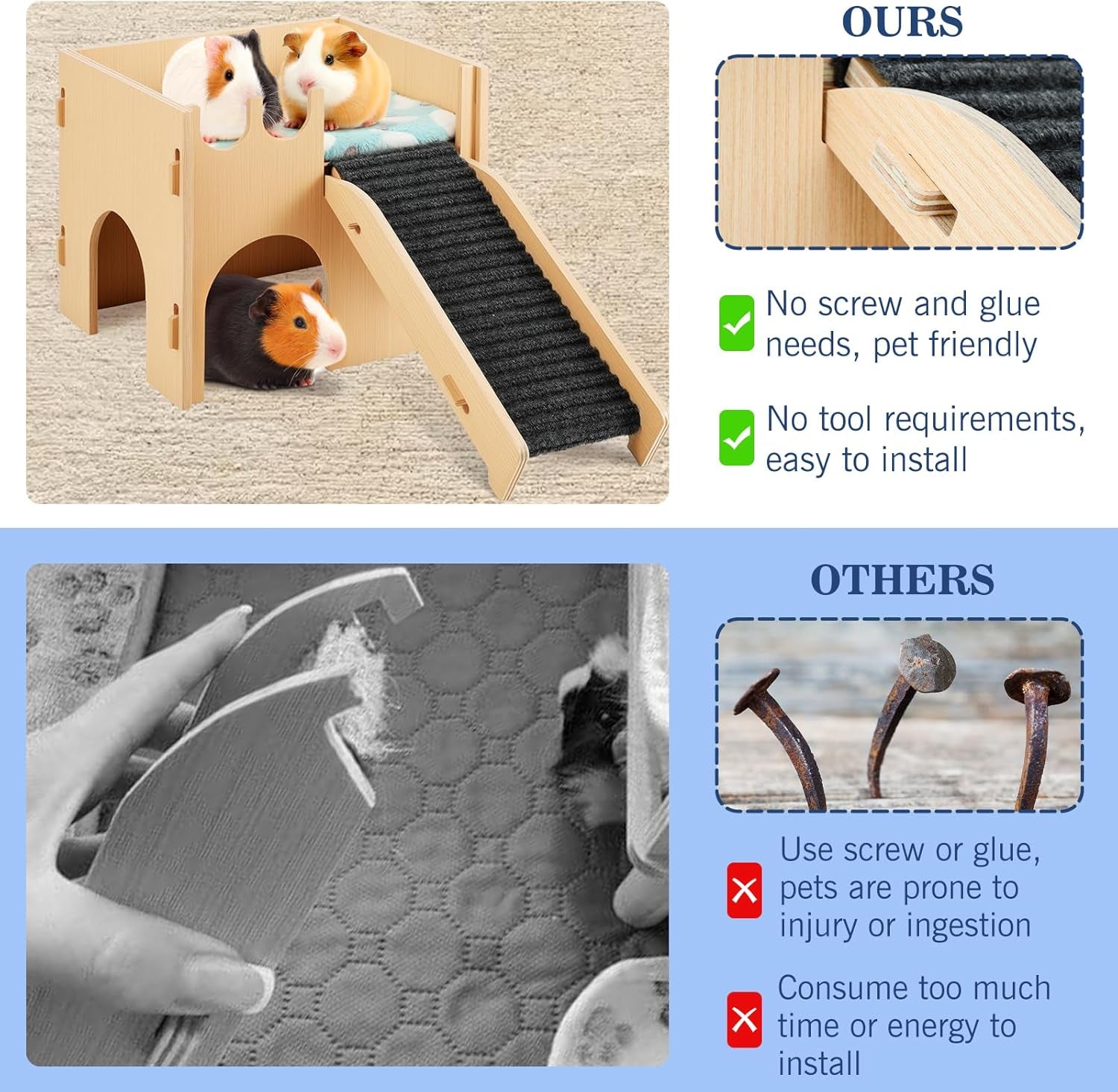 Guinea Pig and Hamster House, 2-In-1 Guinea Pig Hideout with Stairs and Cushion, Sturdy Wooden Hamster Castle Easy to Assemble, Detachable Small Animal House Bed Hut Habitats with Ramps