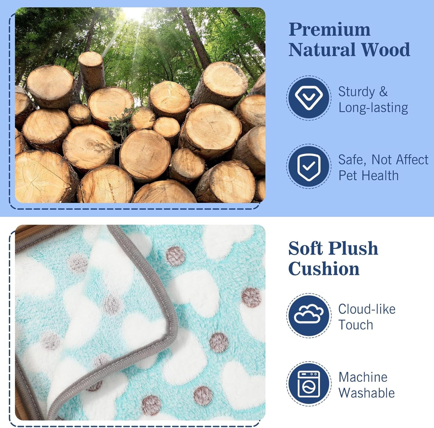 Guinea Pig and Hamster House, 2-In-1 Guinea Pig Hideout with Stairs and Cushion, Sturdy Wooden Hamster Castle Easy to Assemble, Detachable Small Animal House Bed Hut Habitats with Ramps