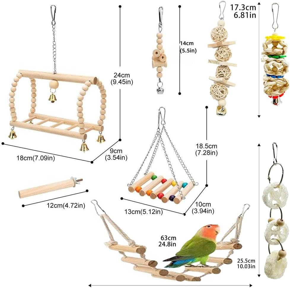 Bird Parrot Swing Toys Bird Cage Chew Toys Wooden Hanging for Small Cockatiels, Parakeet Mynah, Budgie, Finches (Natural Wood)