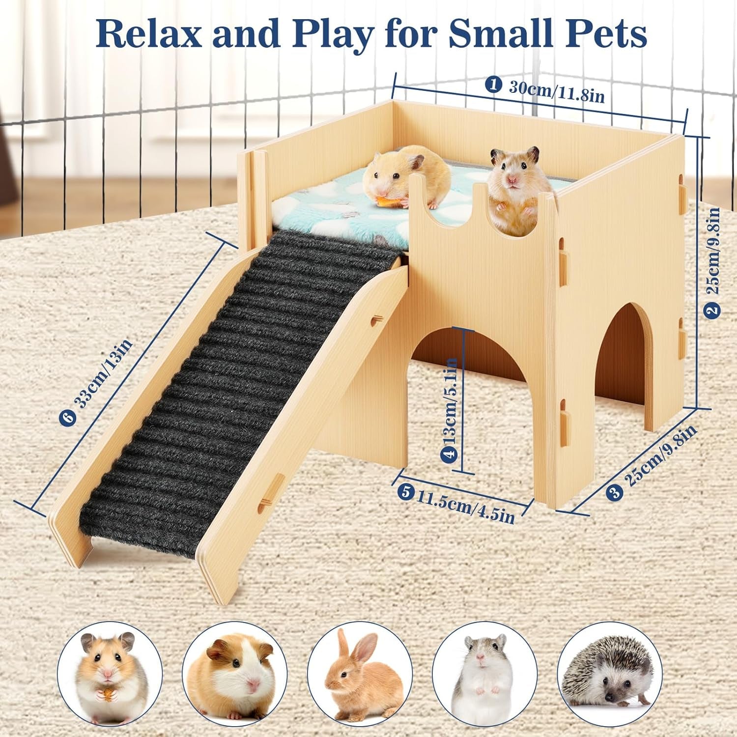 Guinea Pig and Hamster House, 2-In-1 Guinea Pig Hideout with Stairs and Cushion, Sturdy Wooden Hamster Castle Easy to Assemble, Detachable Small Animal House Bed Hut Habitats with Ramps