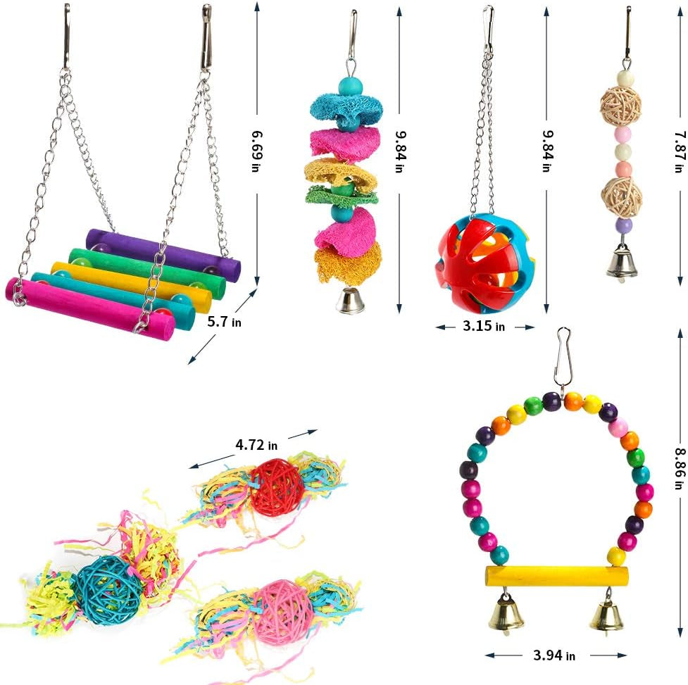 8 Packs Bird Toys Parrot Swing Toys Chewing Natural Wood and Rope Bungee Bird Toy for Anchovies Pet Toys Bird Toys for Parrots, Parakeet, Conure, Cockatiel, Mynah, Love Birds
