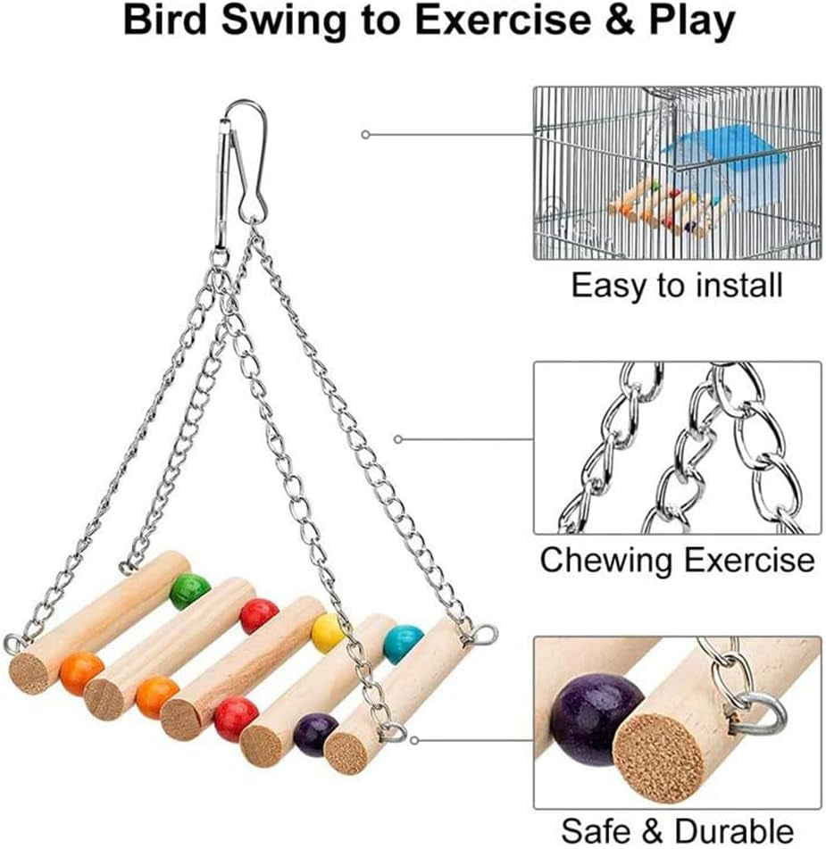 Bird Parrot Swing Toys Bird Cage Chew Toys Wooden Hanging for Small Cockatiels, Parakeet Mynah, Budgie, Finches (Natural Wood)