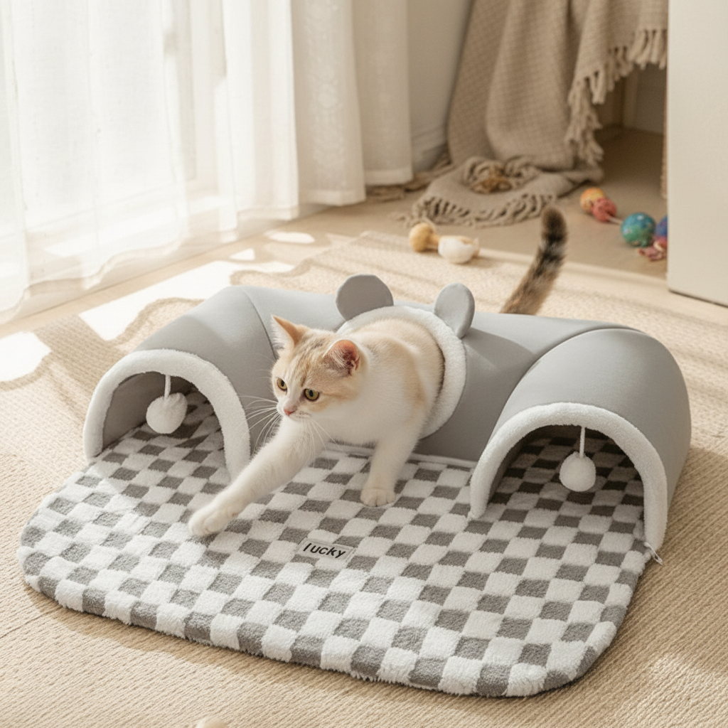 Cat exploring grey tunnels