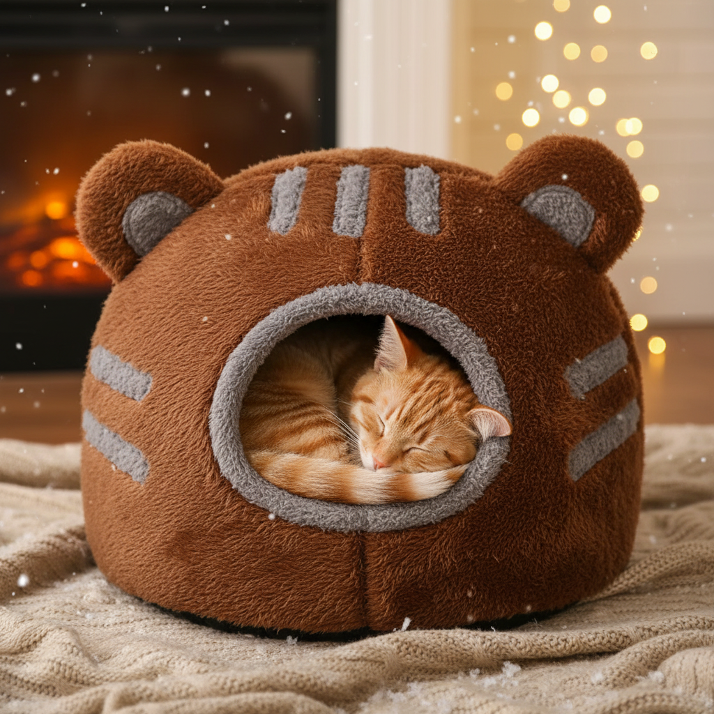 Cat in brown cave bed