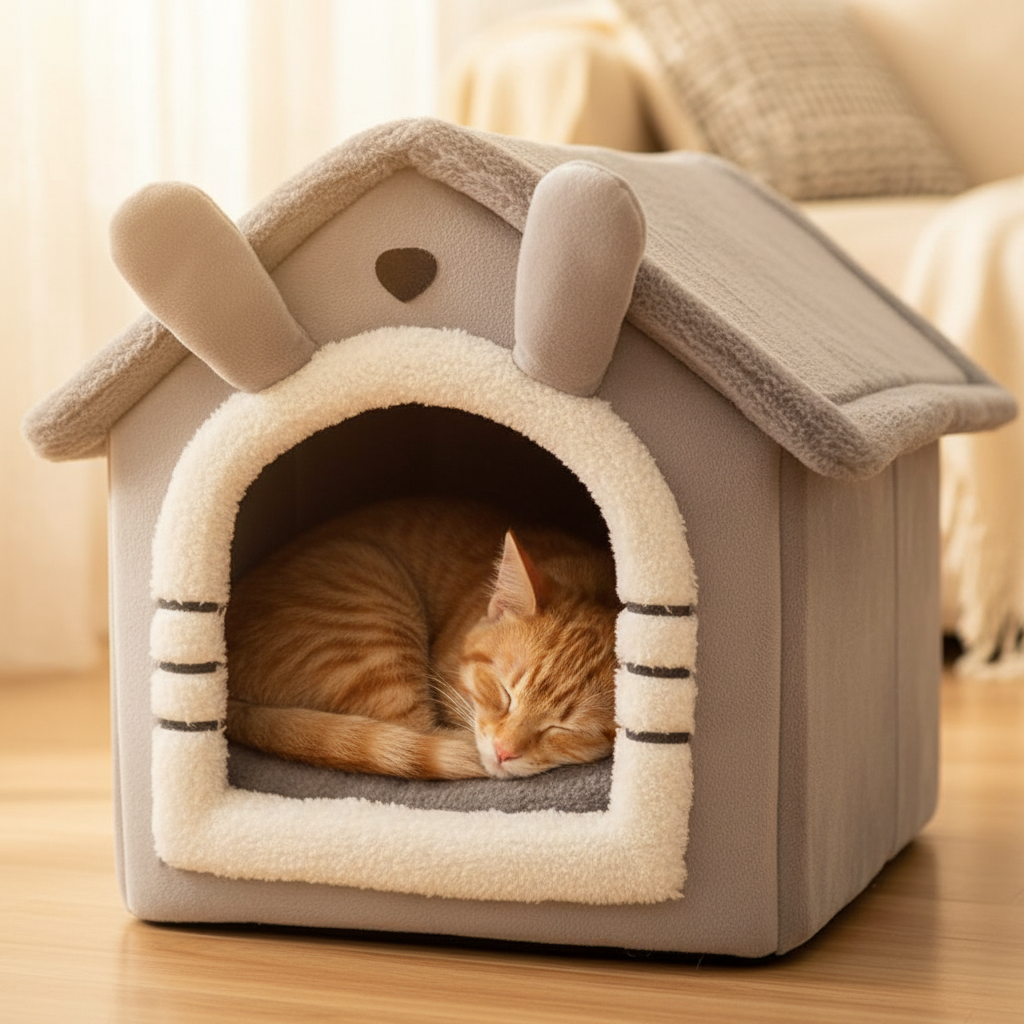 Cat in brown pet house