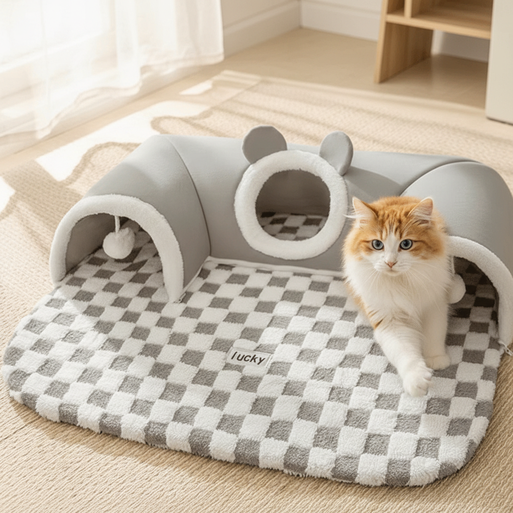 Cat peeking from grey tunnel