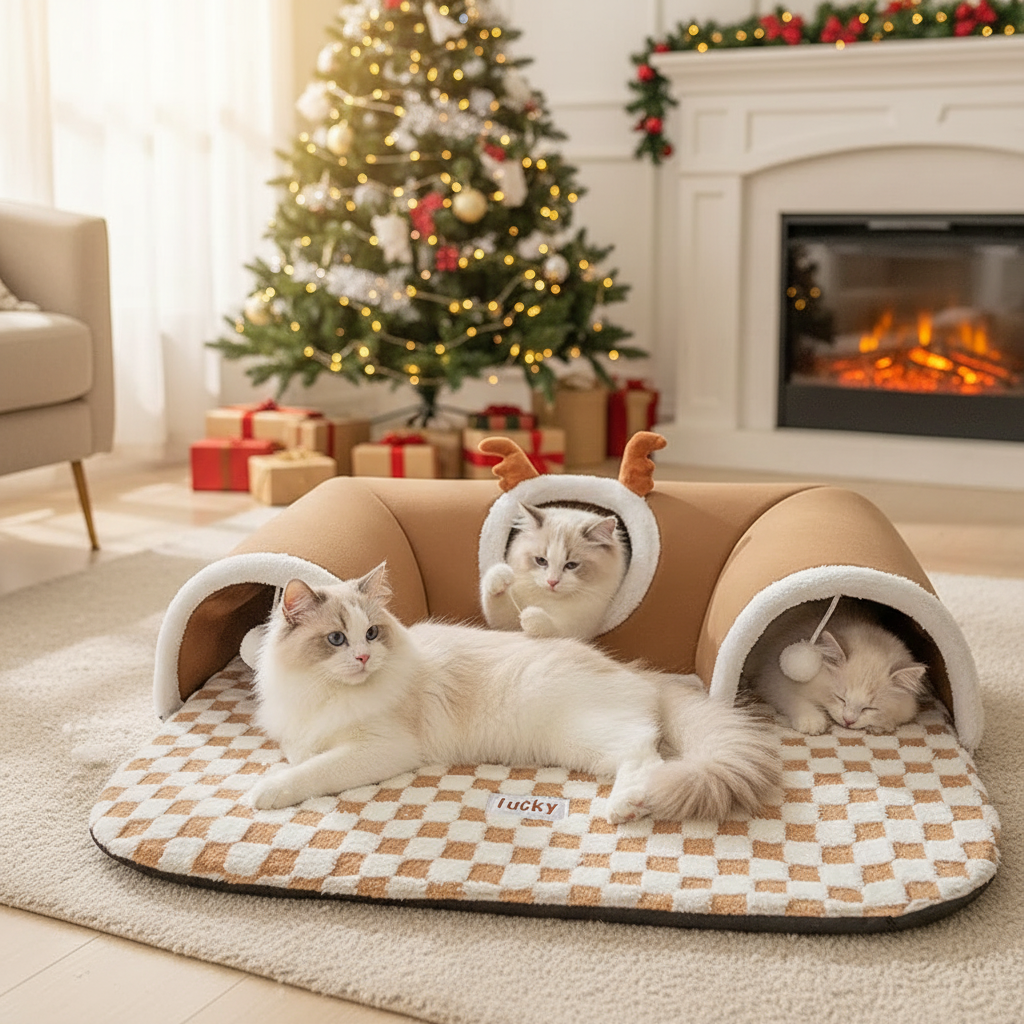 Cat playing in reindeer bed