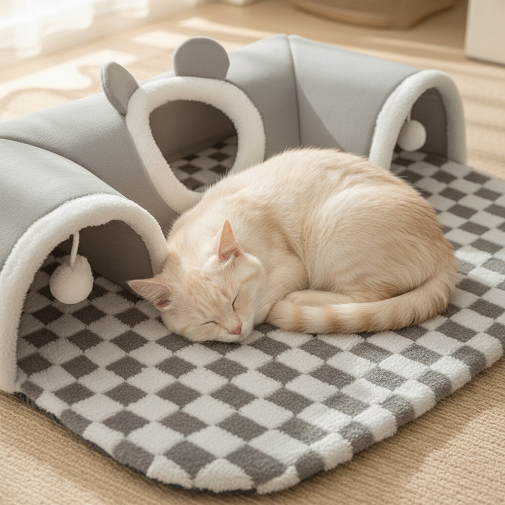 Cat sleeping on checkered mat