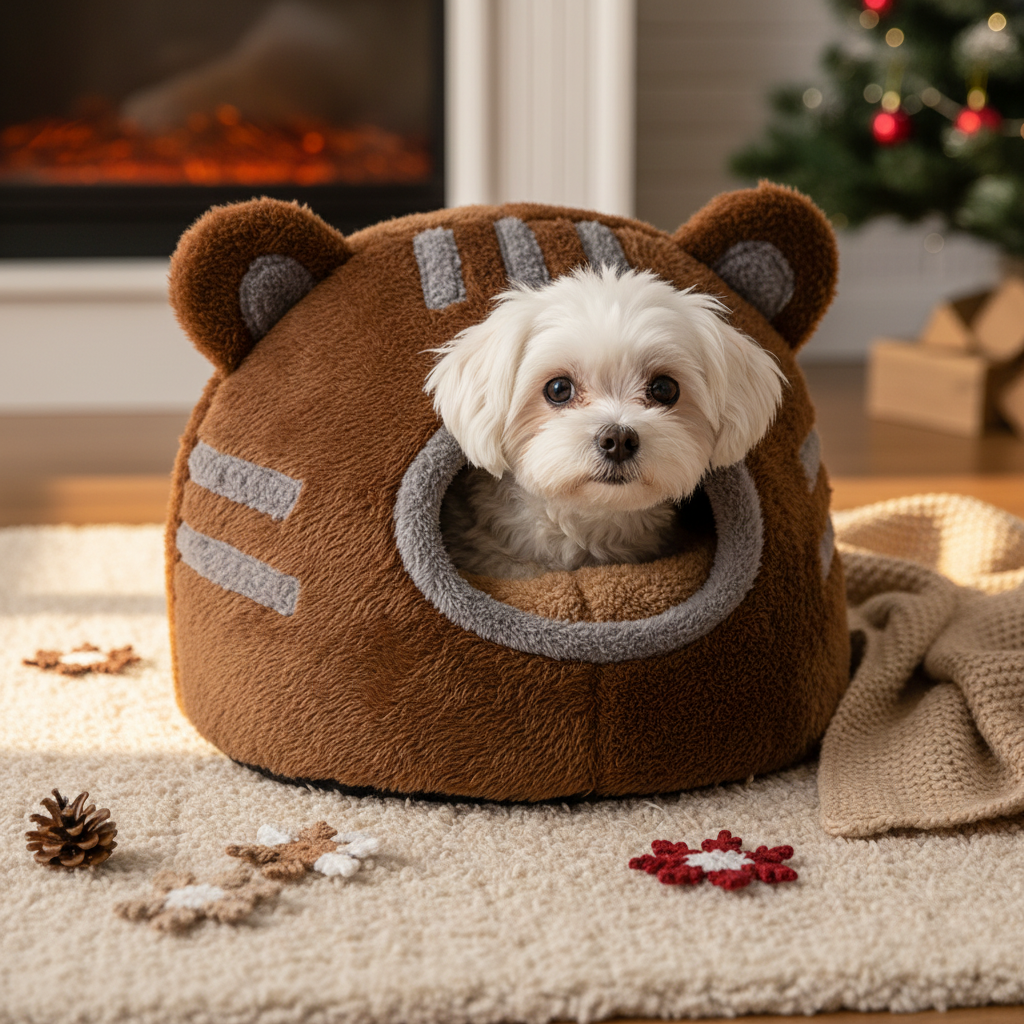 Dog in brown cave bed