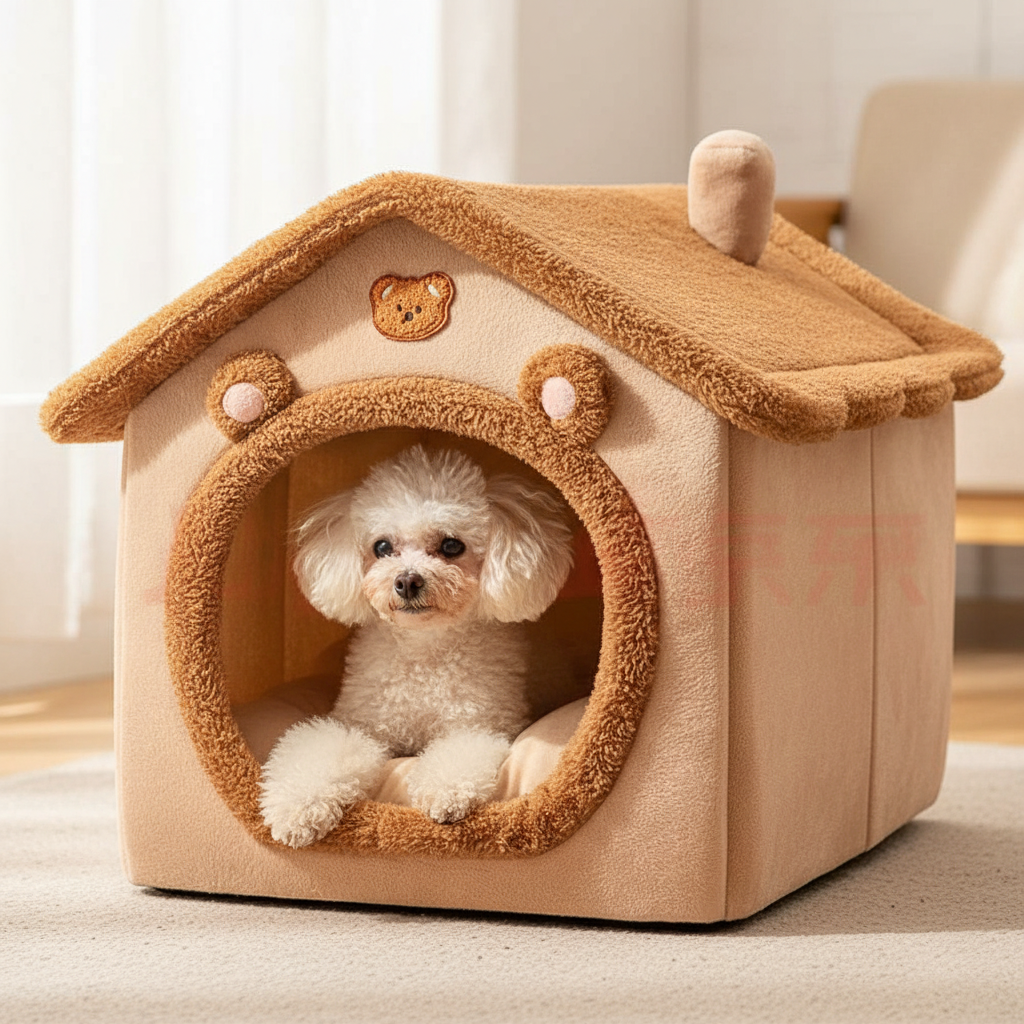 Dog peeking from beige pet house