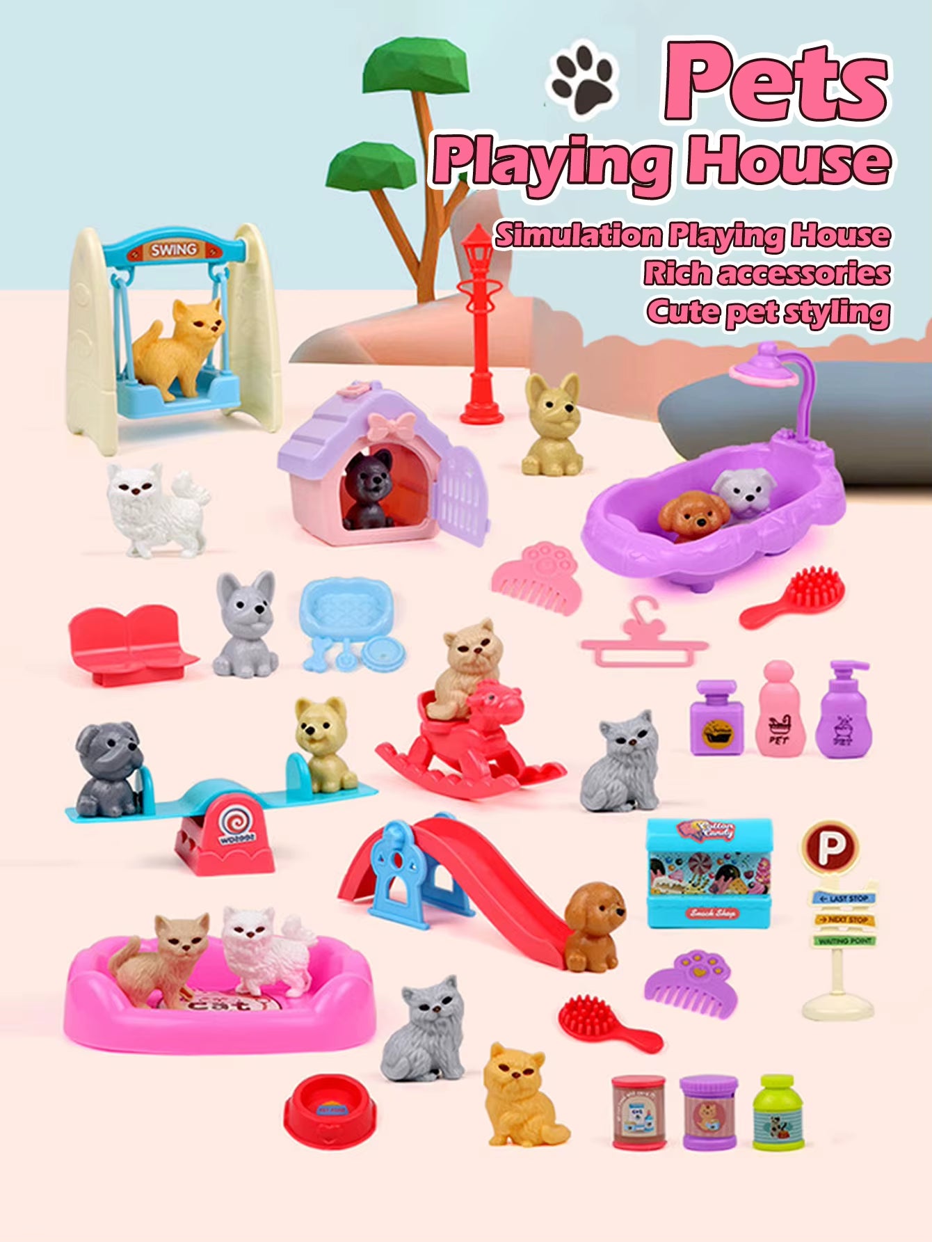 Cute Dog Pet Basket Family Toys Dog Doll Set Dog Cage Toys Scene Playing Toys Christmas Decoration and Thanksgiving Gifts