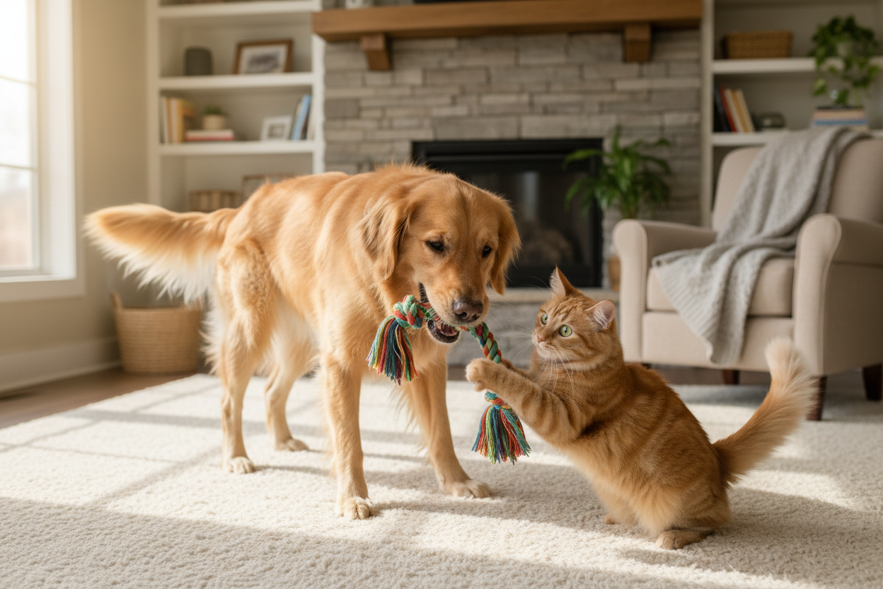 generate an image of a dog and a cat playing with a toy indoor