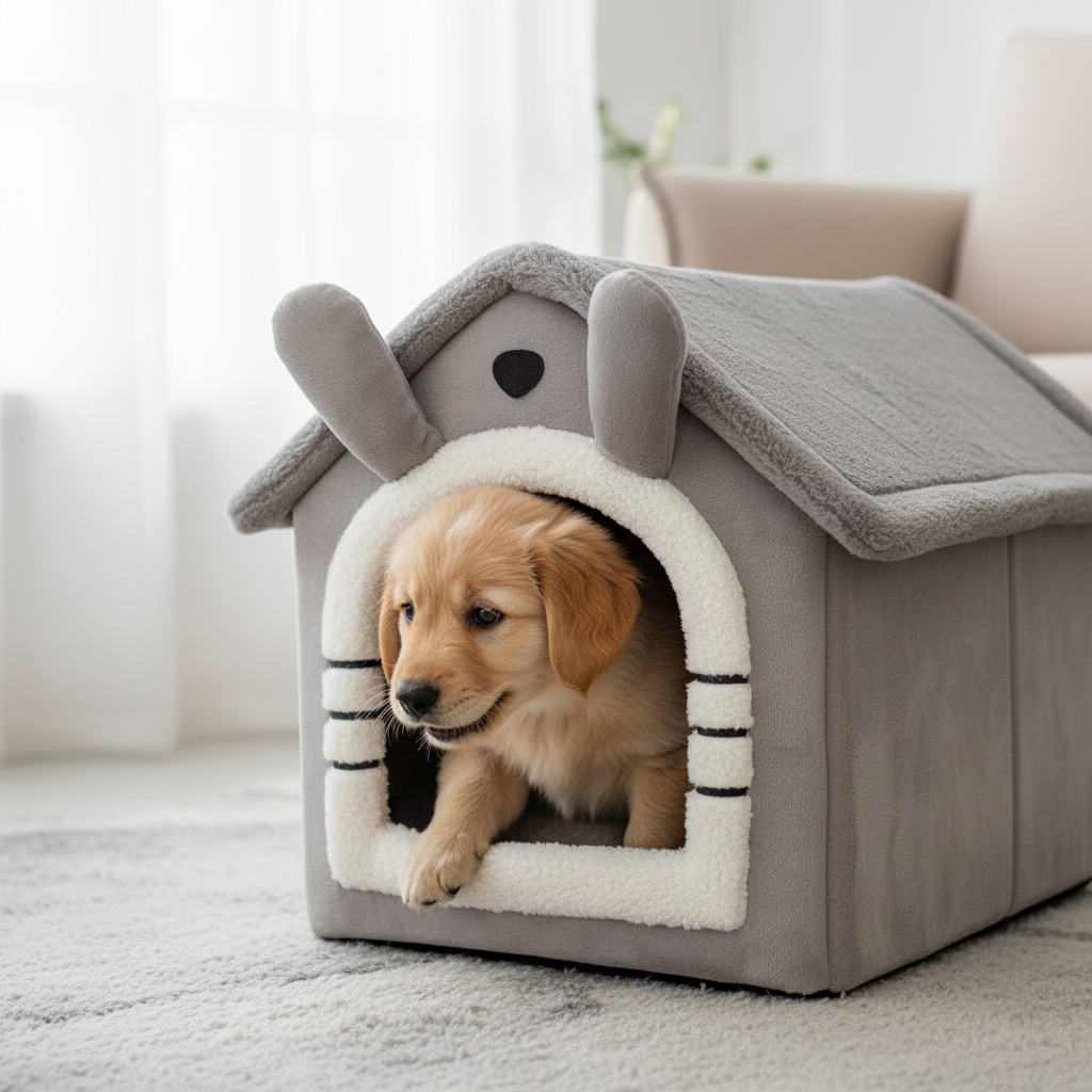 Pet discovering grey house