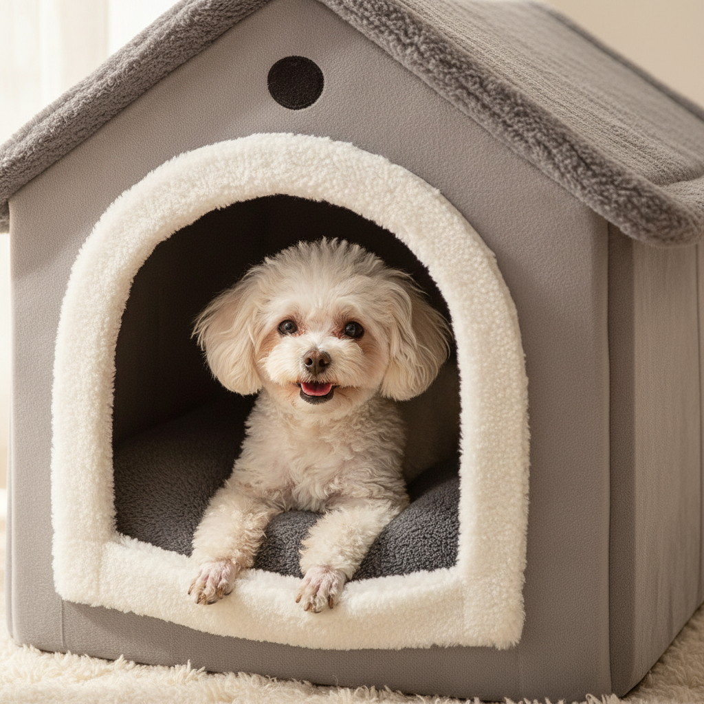 Pet in grey pet house cushion